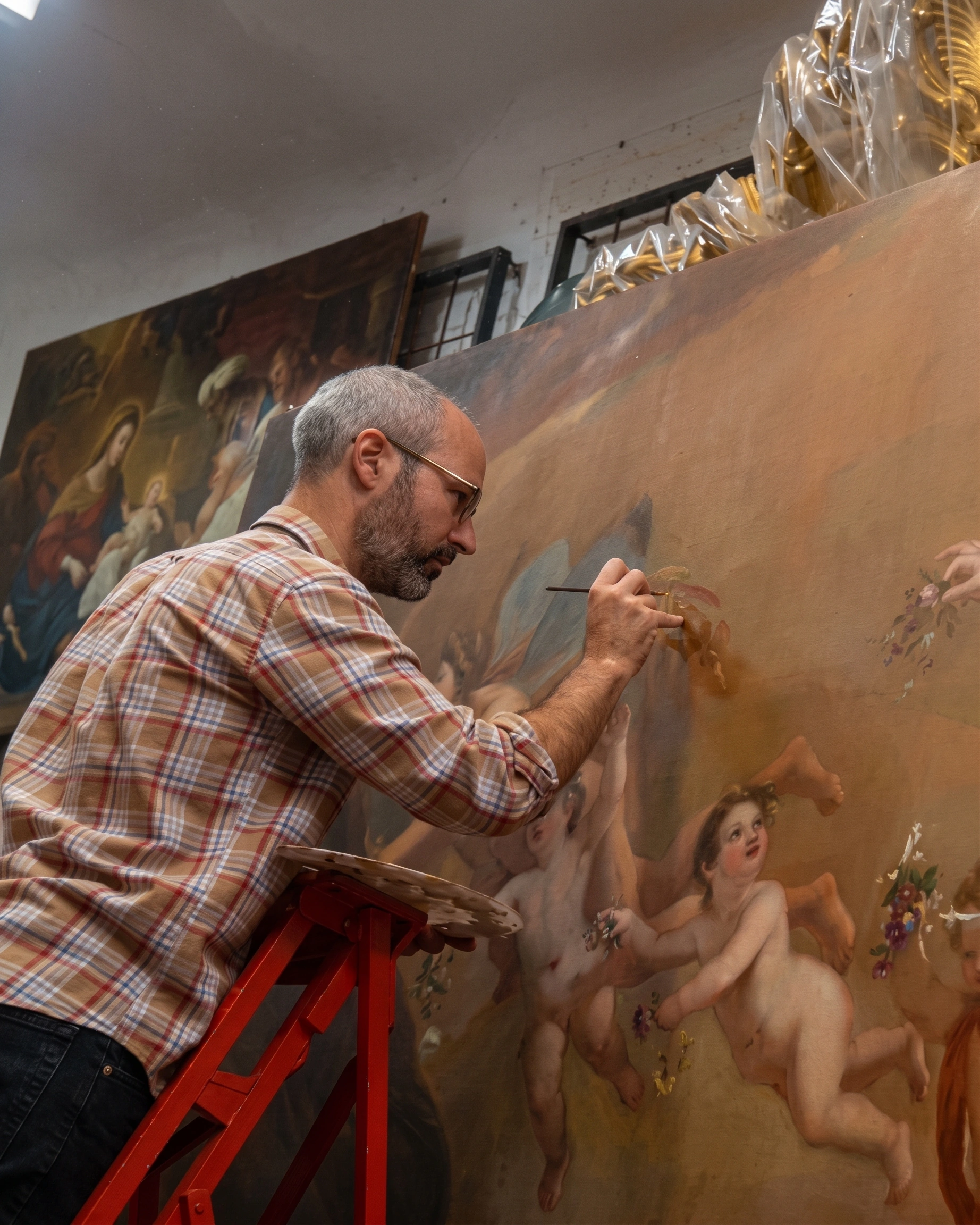 Antonio G. Ariza restaurando una pintura de gran formato en el taller