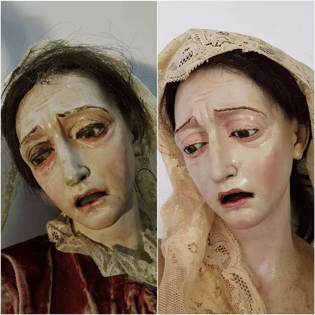 Proceso de restauración de un conjunto escultórico de una piedad (ss. XVII - XVIII). El Cristo está entero tal…