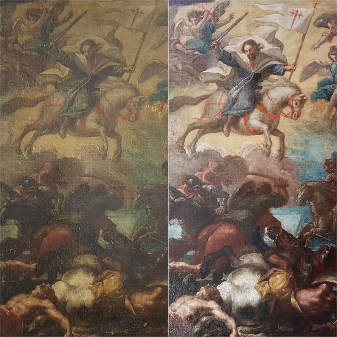 Anónimo español, Santiago en la Batalla de Clavijo. O/L, 100 x 80 cm. 1ª ½ siglo XVIII.